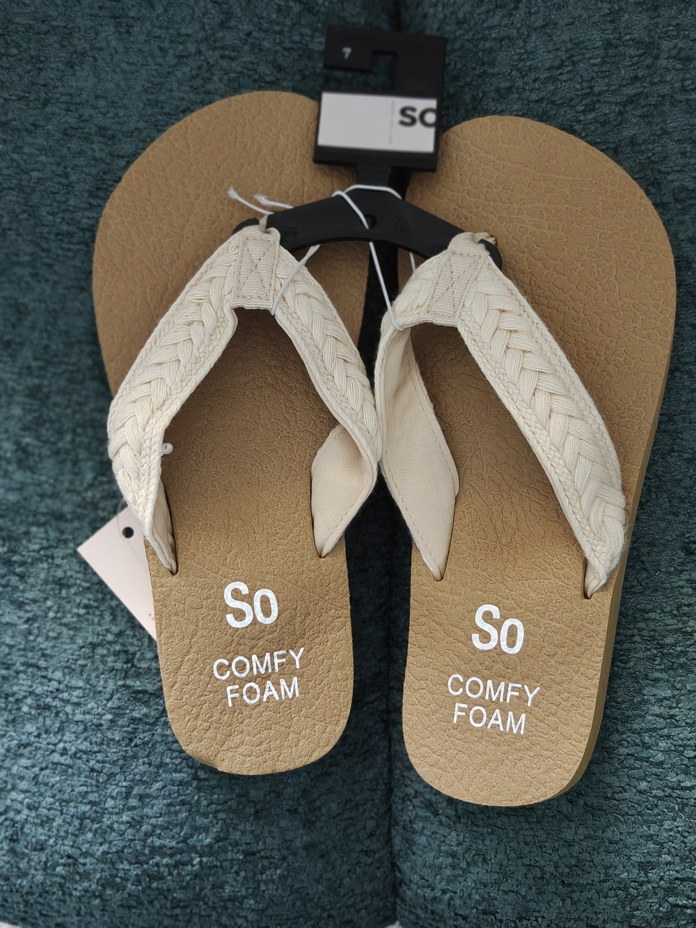 SO Women's Cream Braided Thong Sandals with Comfy Foam Footbed